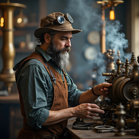 Portrait of a bearded man working in his workshop. He is wearing a cap and glasses.の素材