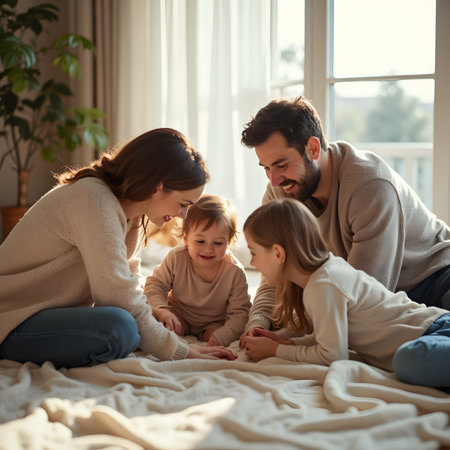 Happy family with two children sitting on the bed at home and looking at each otherの素材