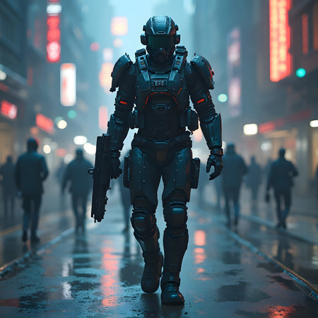 3D rendering of a cyborg soldier walking in the city at nightの素材