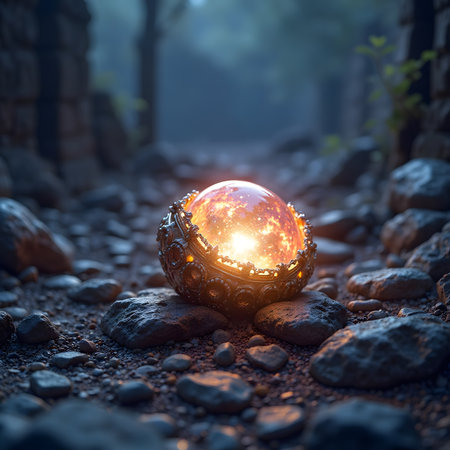 Magic crystal ball on a stone background. 3d render illustration.の素材
