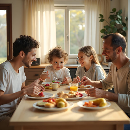 Happy family having breakfast together at home. Mother, father and little daughter eating healthy food.の素材