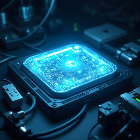 Circuit board with glowing lights, 3d rendering toned imageの素材