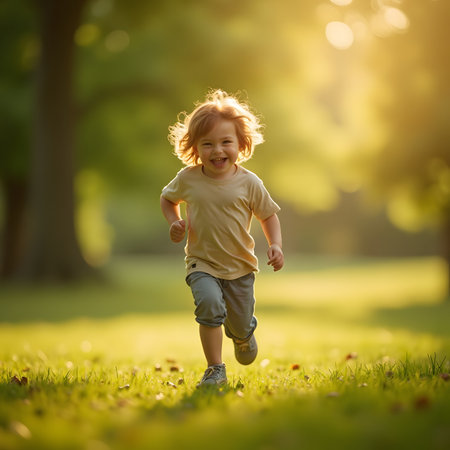 Adorable little boy running in the park on a sunny summer dayの素材