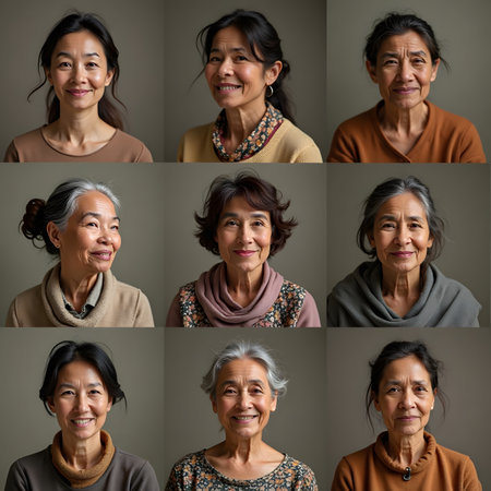 Portraits of beautiful Asian women in different ages with different hairstylesの素材
