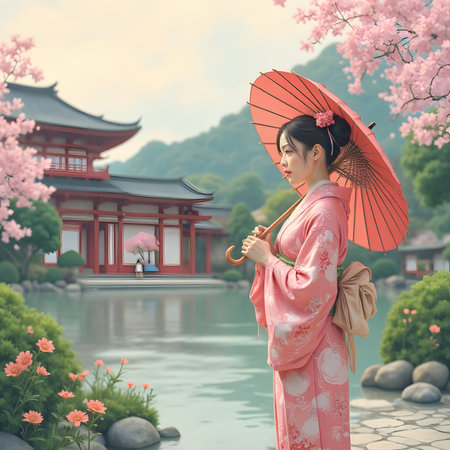 Beautiful asian woman in kimono with cherry blossomの素材