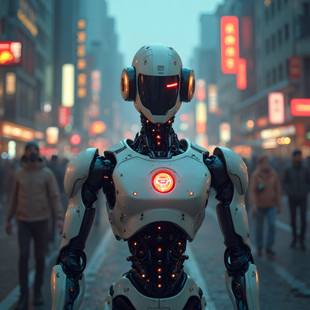 3d rendering humanoid robot walking in the city at night time.の素材