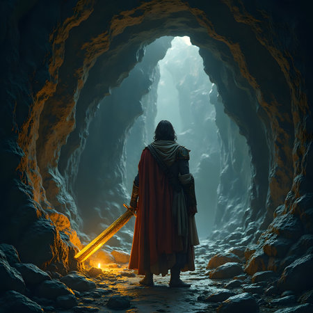 Mysterious woman with sword in the cave. 3D renderingの素材