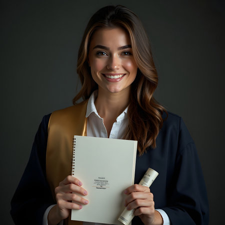 Portrait of a young businesswoman holding a notebook and smiling.の素材