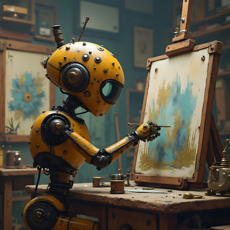 Vintage robot and old painting in the room. 3d renderingの素材
