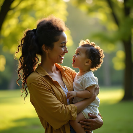 Happy mother and baby in the park. Motherhood and family concept.の素材