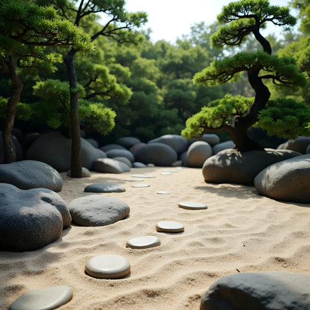 zen garden with stone path and bonsai tree on the sandの素材