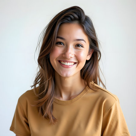 Portrait of a beautiful young asian woman smiling on white backgroundの素材