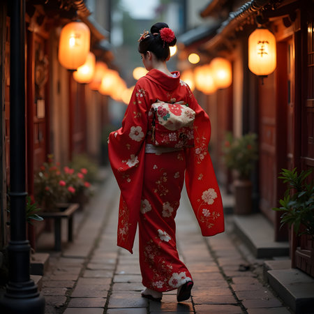 Japanese woman in a red kimono walking in the street.の素材