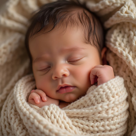 Cute newborn baby boy sleeping in a warm knitted blanket.の素材