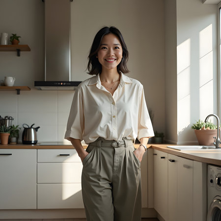 Portrait of smiling asian woman standing in the kitchen at homeの素材