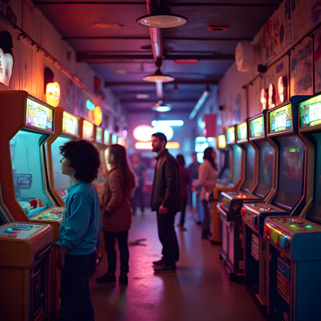 Children playing slot machines in a night club. Selective focus.の素材