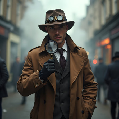 Handsome detective looking through a magnifying glass on a streetの素材