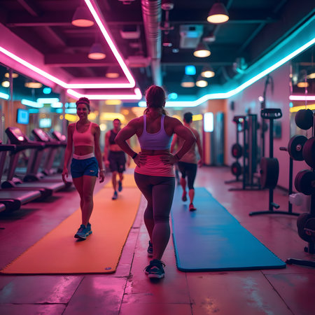 Sporty young women running on a treadmill in a gym at nightの素材