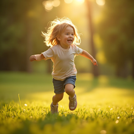 Cute little girl running on the grass in the park at sunsetの素材