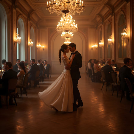 Wedding couple dancing in a room with large windows and columnsの素材