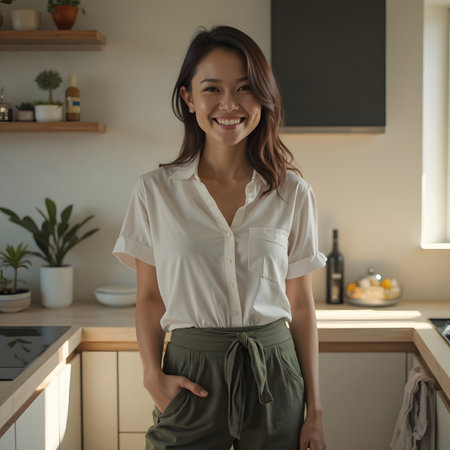 Portrait of smiling asian woman standing in modern kitchen at homeの素材