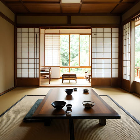 Japanese-style room with a wooden floor and a japanese tea setの素材