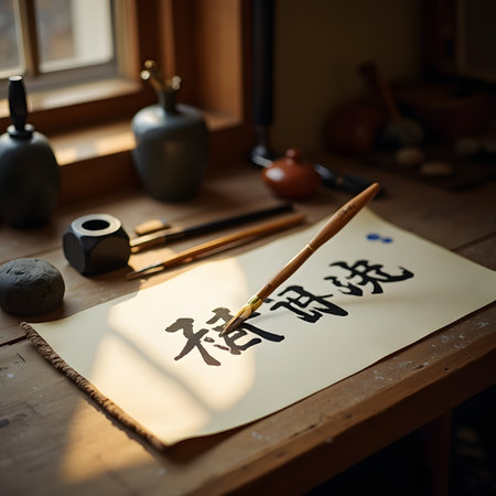 Chinese calligraphy with inkpot on wooden table, closeupの素材