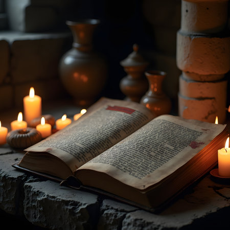 Open old book and burning candles on a dark background. Selective focus.の素材
