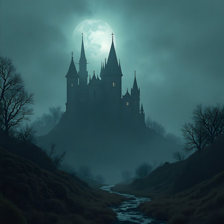 Fantasy landscape with castle on the hill in full moon light.の素材