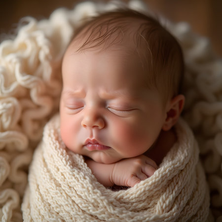 Cute newborn baby boy sleeping on knitted plaid, closeupの素材