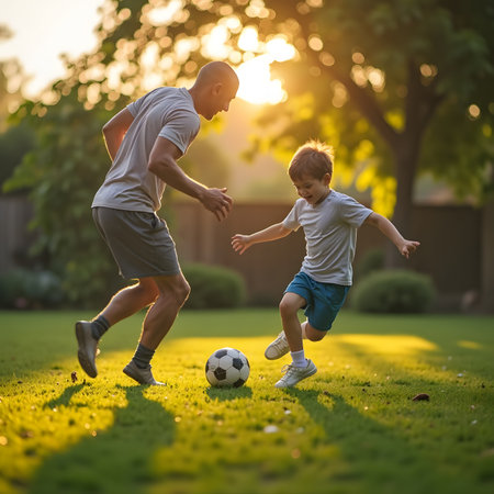 Father and son playing football in the park at sunset. Concept of friendly family.の素材