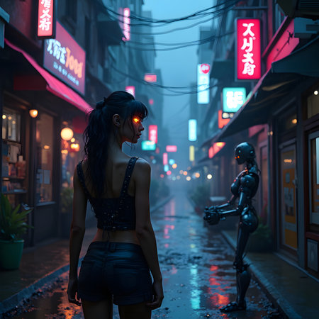 3d rendering of a girl and a robot in the city at nightの素材