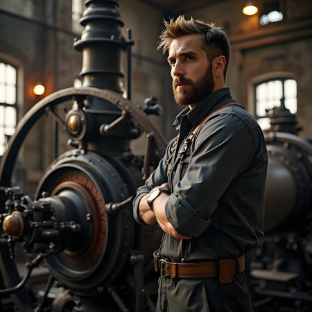 Portrait of a brutal bearded man in a military uniform standing near the old steam locomotive.の素材
