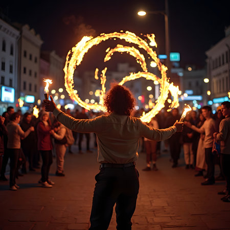 Fire show at night in Krakow, Poland. Young man with torch in his hand.の素材