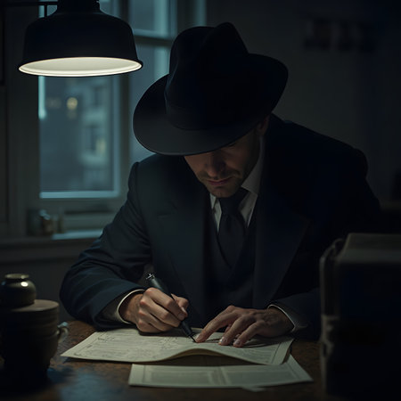 Handsome man in hat and suit writing in diary at nightの素材