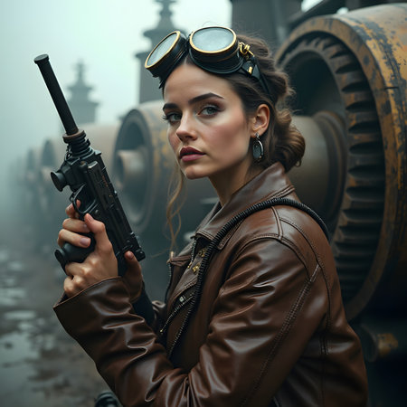 Portrait of a beautiful steampunk woman with a machine gun.の素材