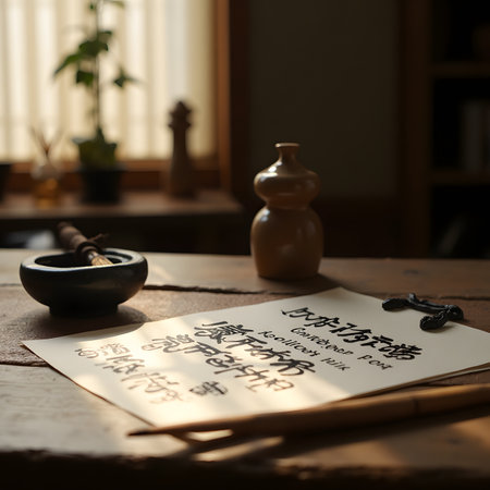 Chinese calligraphy with mortar and pestle on wooden table.の素材