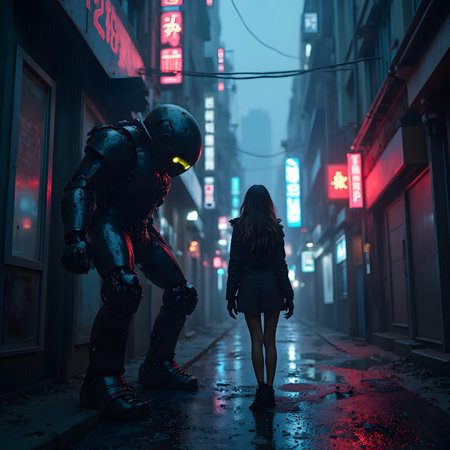Cyborg and woman on the street at night, 3D renderingの素材