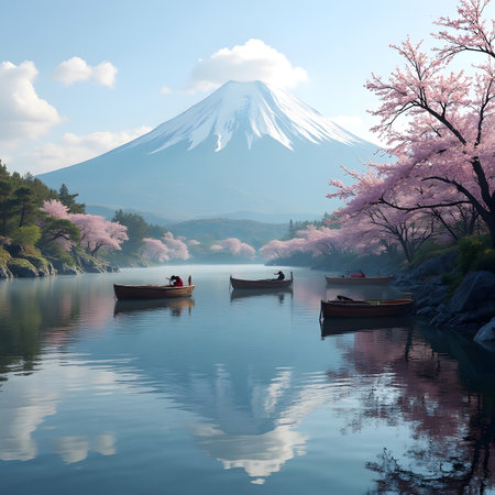 Mount Fuji and cherry blossoms at Kawaguchiko lake, Japanの素材