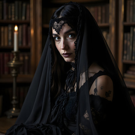 Beautiful brunette woman in black gothic dress in the old libraryの素材