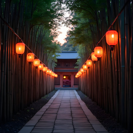 Bamboo corridor with red lanterns at night in Kyoto, Japanの素材