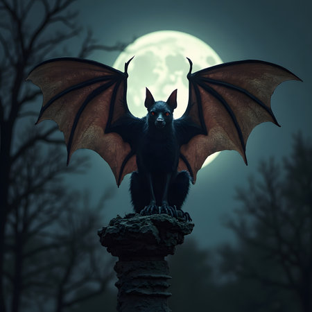 3D rendering of a bat sitting on top of a grave in the cemetery at nightの素材