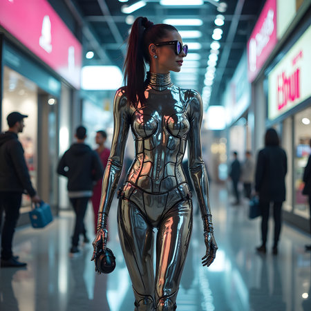 Futuristic female robot in the shopping mall. 3d rendering.の素材