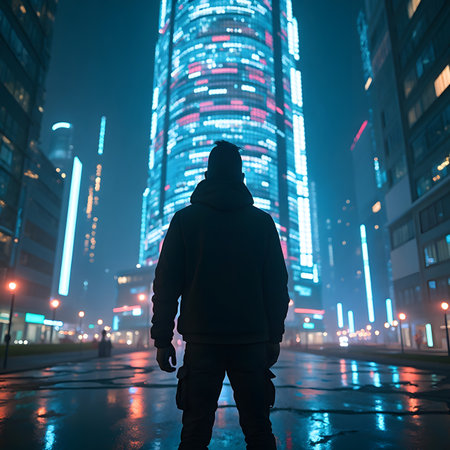 Man in a hood on the background of skyscrapers at nightの素材