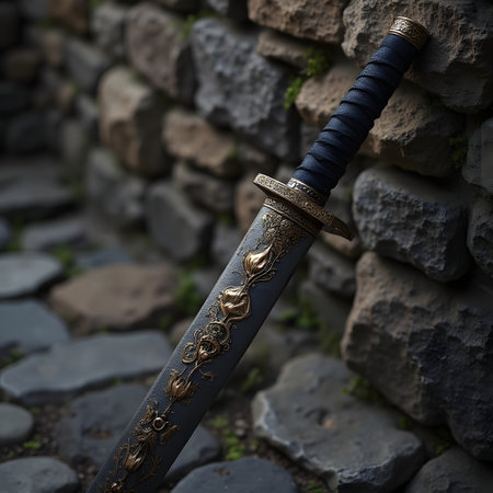 Japanese samurai sword in the background of the stone wall. Selective focus.の素材