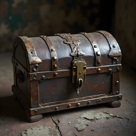 Old treasure chest on a dark background. Selective focus. Toned.の素材