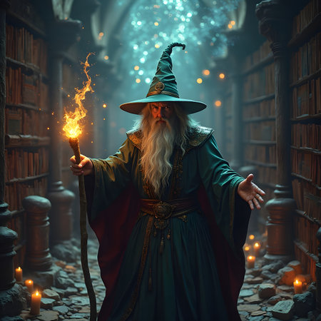 Wizard with a burning torch in the old castle. Halloween.の素材