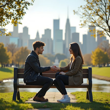 Young couple sitting on a bench in Central Park in New York Cityの素材