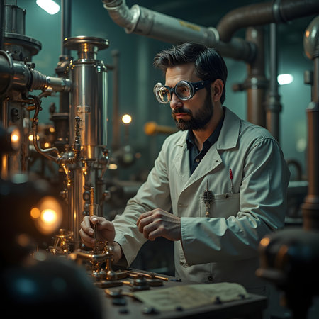 Portrait of a brutal bearded man in a lab coat and glasses. He is working on a boiler.の素材