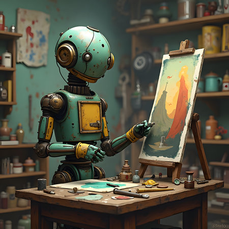 robot drawing a picture on an easel. 3d renderの素材